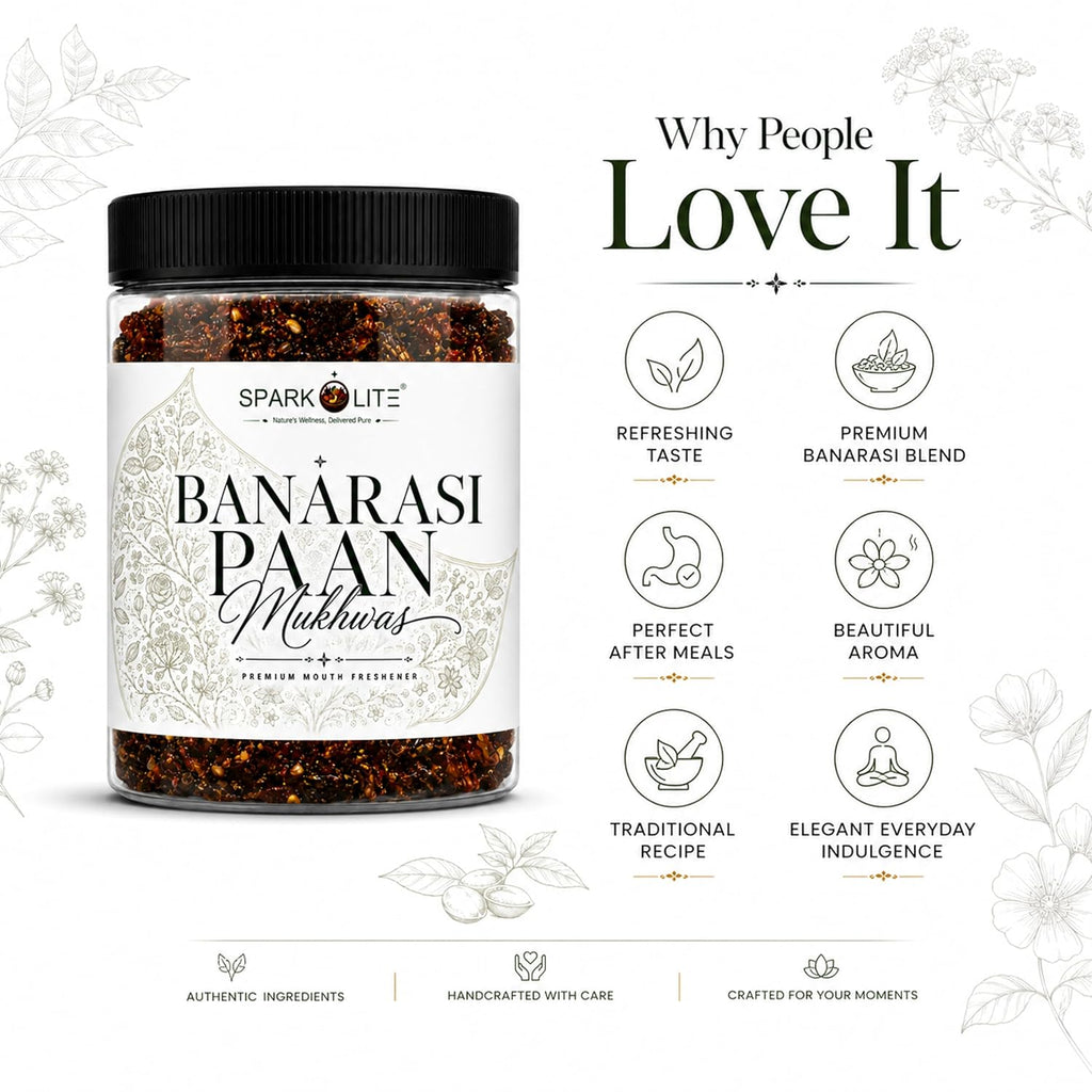 SPARKOLITE® Banarasi Paan Mukhwas 150 Gram| Premium Mouth Freshener | Traditional Banarasi Paan Blend | Saunf, Rose Petals & Aromatic Seeds | Refreshing After Meal Mukhwas | Vegetarian