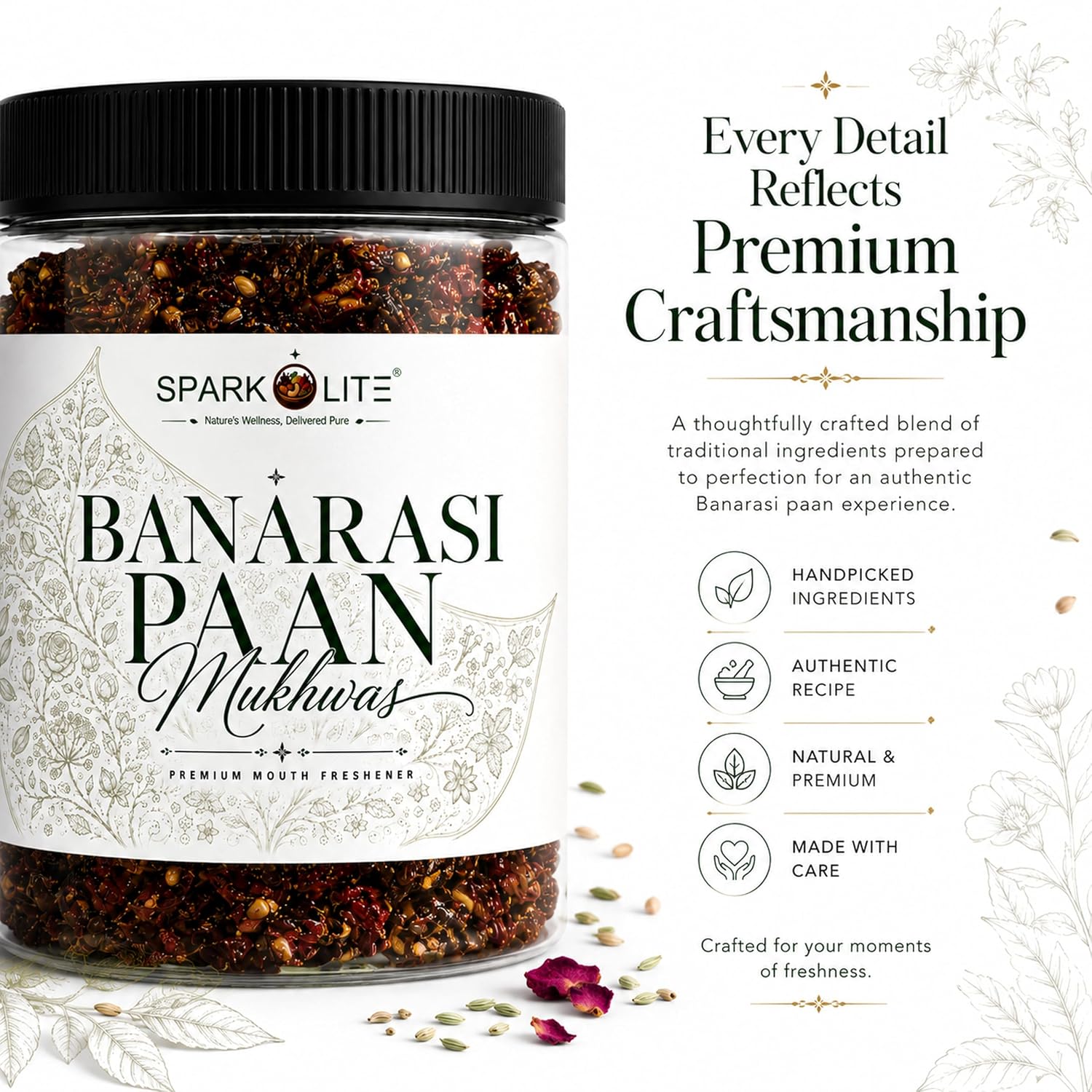 SPARKOLITE® Banarasi Paan Mukhwas 150 Gram| Premium Mouth Freshener | Traditional Banarasi Paan Blend | Saunf, Rose Petals & Aromatic Seeds | Refreshing After Meal Mukhwas | Vegetarian