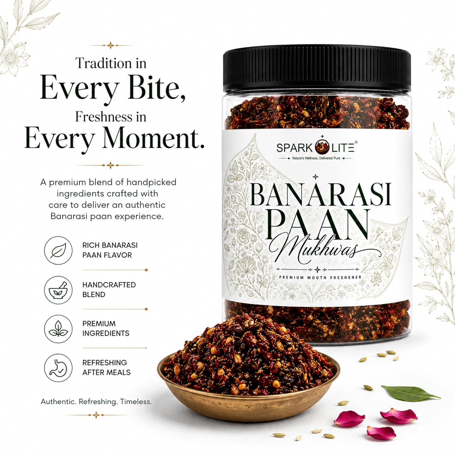 SPARKOLITE® Banarasi Paan Mukhwas 150 Gram| Premium Mouth Freshener | Traditional Banarasi Paan Blend | Saunf, Rose Petals & Aromatic Seeds | Refreshing After Meal Mukhwas | Vegetarian