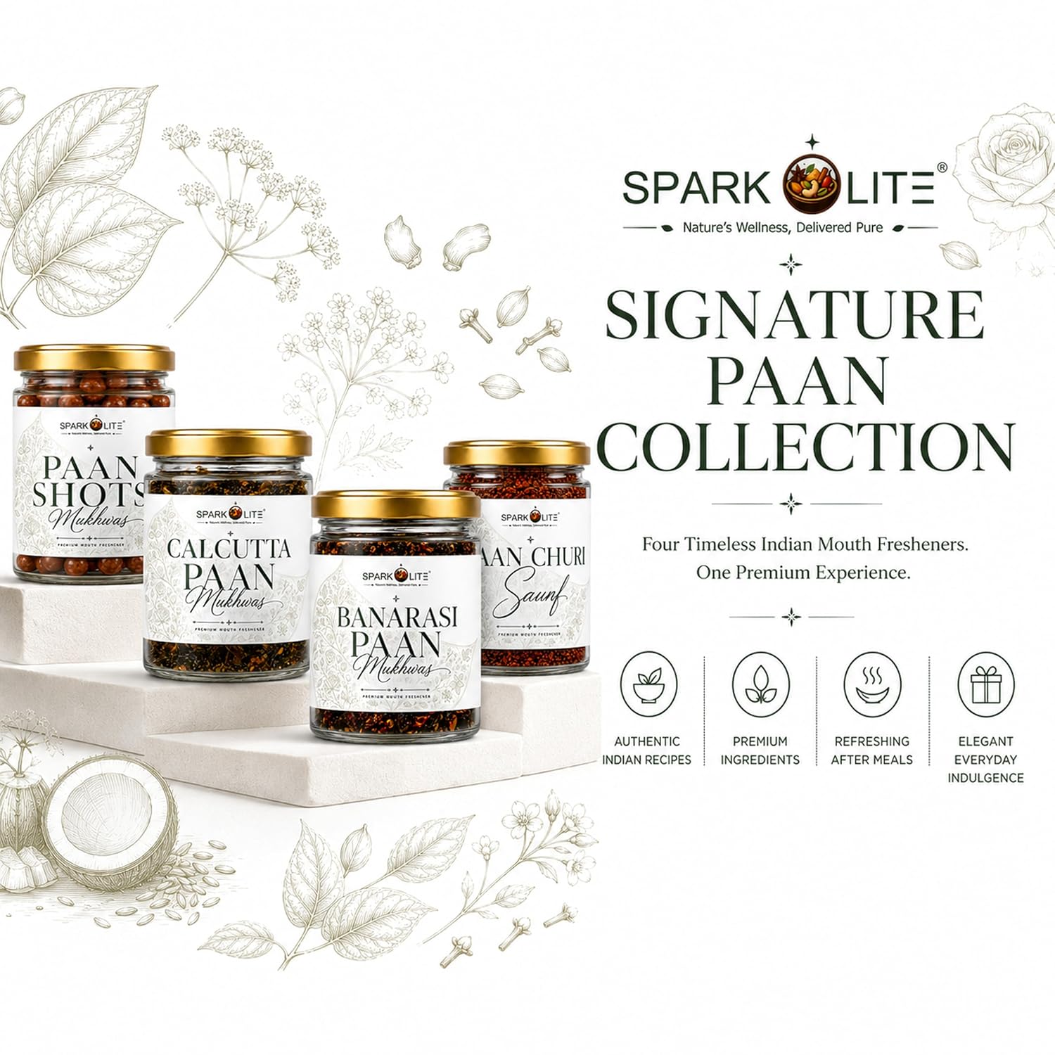 SPARKOLITE® Signature Paan Mukhwas Combo Pack | Calcutta, Banarasi, Shots & Churi Saunf | Premium Mouth Freshener | After-Meal Refreshment | 4 Jars Combo
