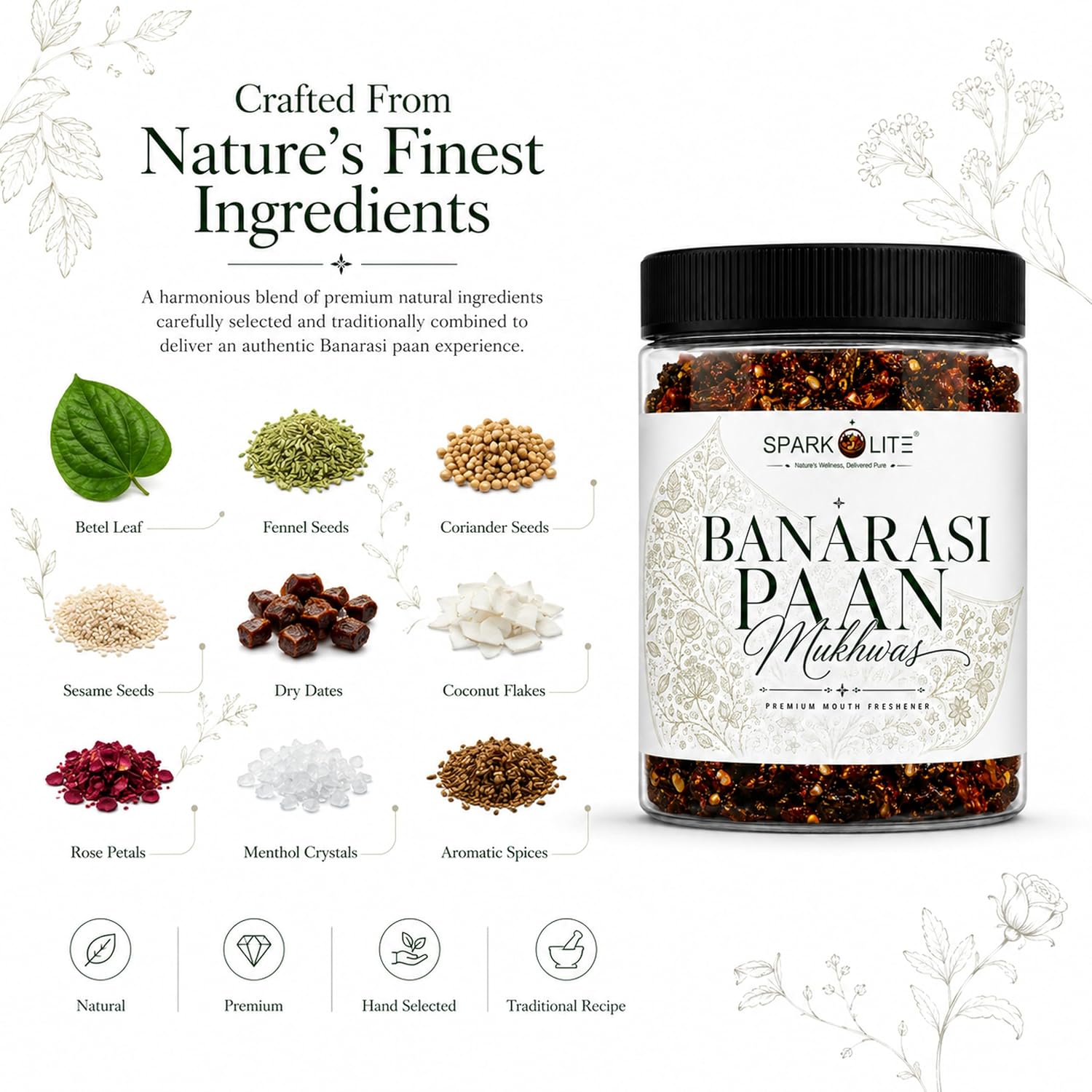 SPARKOLITE® Banarasi Paan Mukhwas 150 Gram| Premium Mouth Freshener | Traditional Banarasi Paan Blend | Saunf, Rose Petals & Aromatic Seeds | Refreshing After Meal Mukhwas | Vegetarian