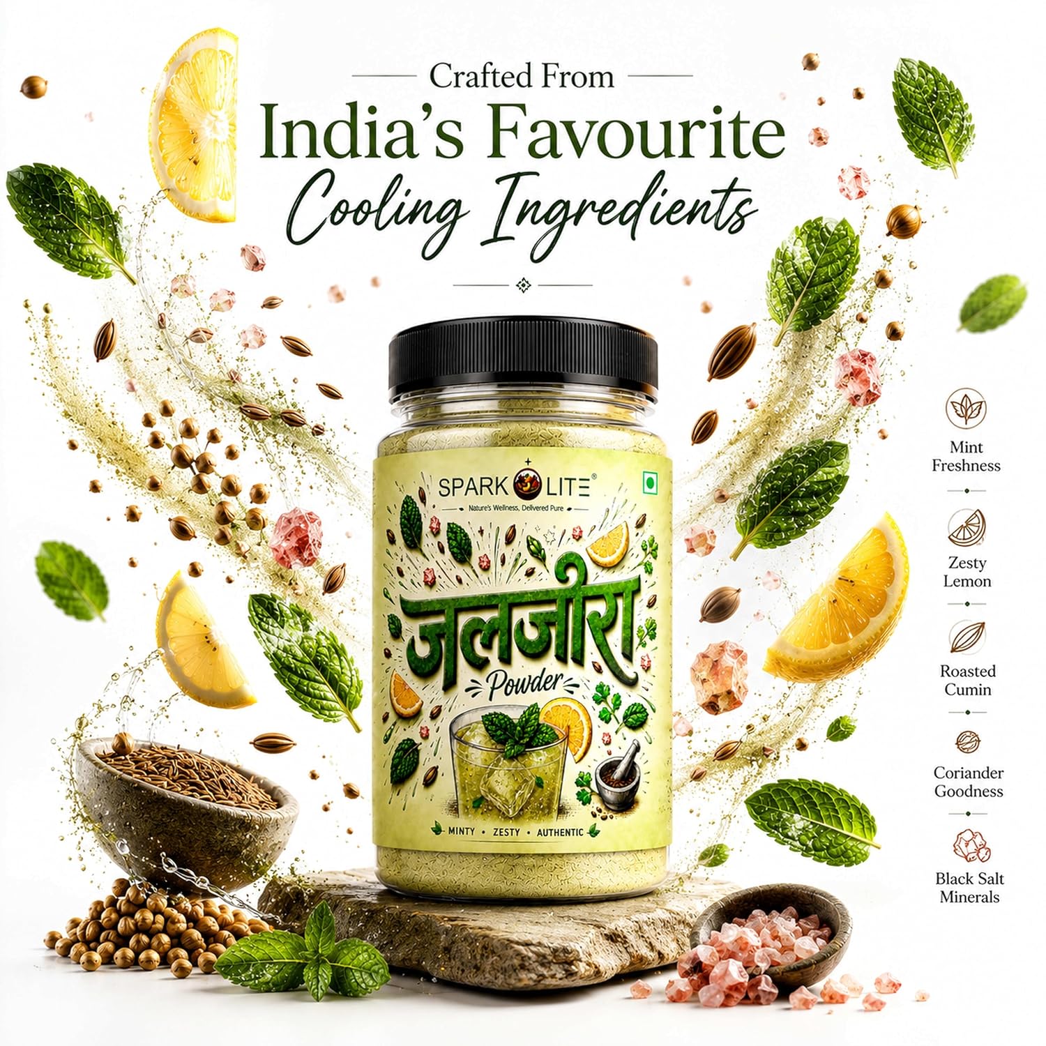 SPARKOLITE® Premium Jaljeera Powder 100g | Instant Jal Jeera Drink Mix | Traditional Indian Digestive Beverage | Mint, Roasted Cumin & Spice Blend | Tangy Summer Cooler Sharbat