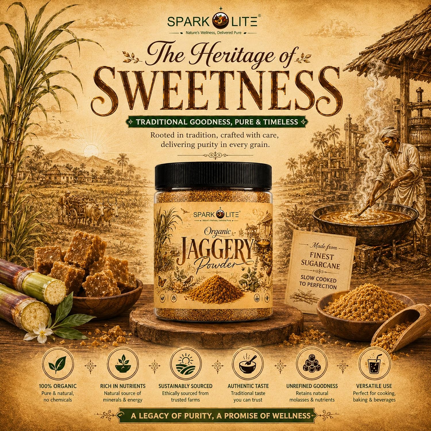 SPARKOLITE® Organic Jaggery Powder 100 Gram | Unrefined Natural Sweetener | Made from Organic Sugarcane Juice | No Chemicals, No Sulphur | Rich Caramel Taste | Alternative to Refined Sugar | For Tea, Coffee, Sweets & Daily Use