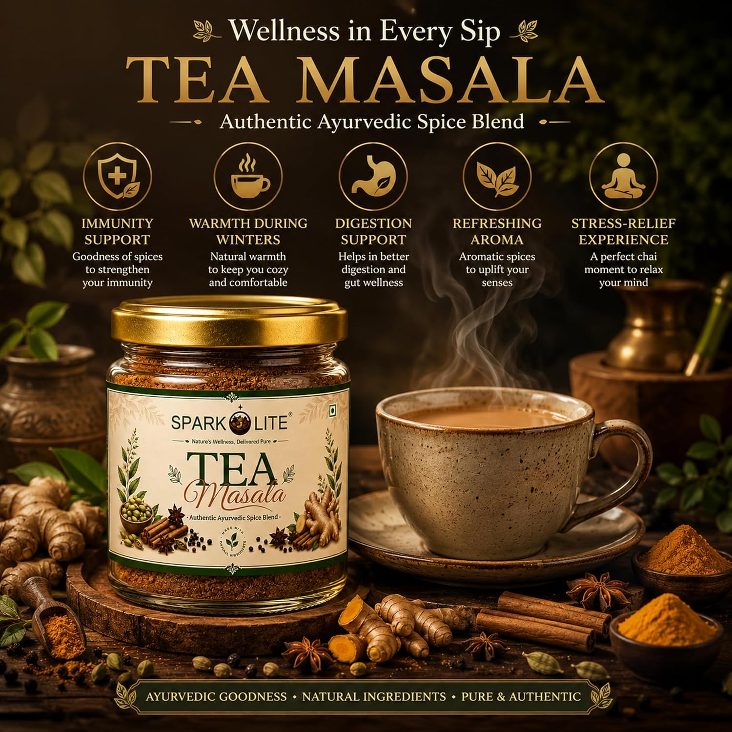 SPARKOLITE® Premium Tea Masala | Authentic Royal Chai Spice Blend with Elaichi, Ginger, Star Anise, Cinnamon & Clove | Strong Kadak Flavor & Rich Aroma | Natural Masala for Tea (50 Gms.)