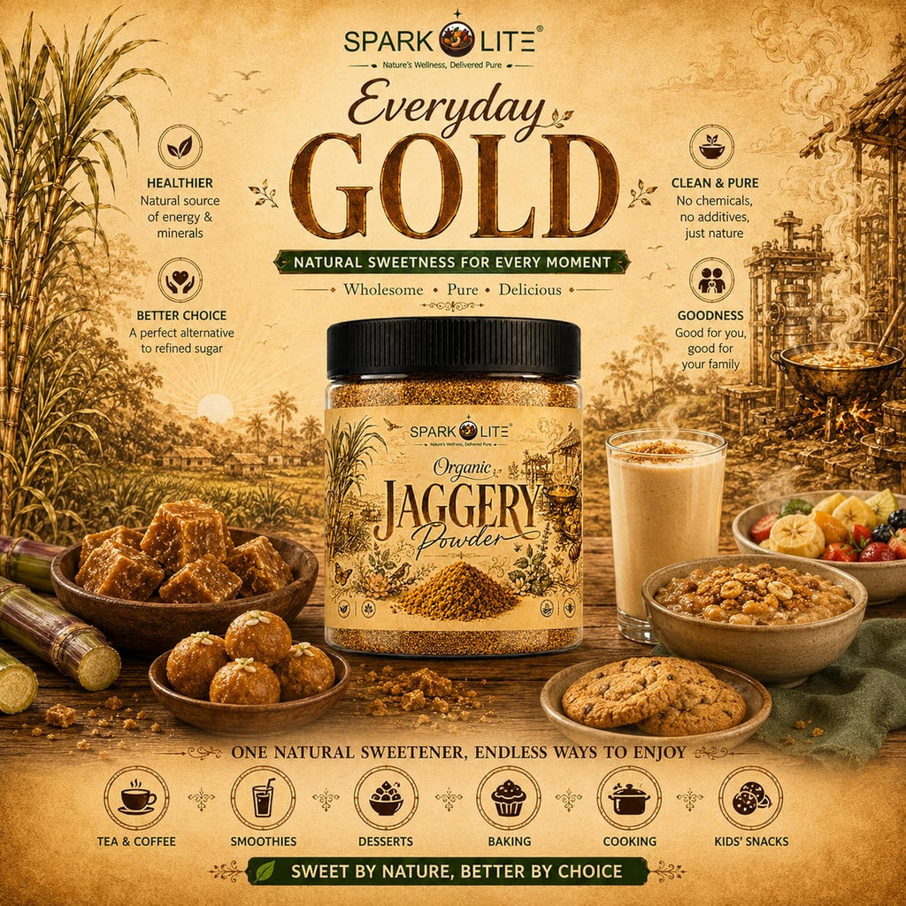 SPARKOLITE® Organic Jaggery Powder 100 Gram | Unrefined Natural Sweetener | Made from Organic Sugarcane Juice | No Chemicals, No Sulphur | Rich Caramel Taste | Alternative to Refined Sugar | For Tea, Coffee, Sweets & Daily Use