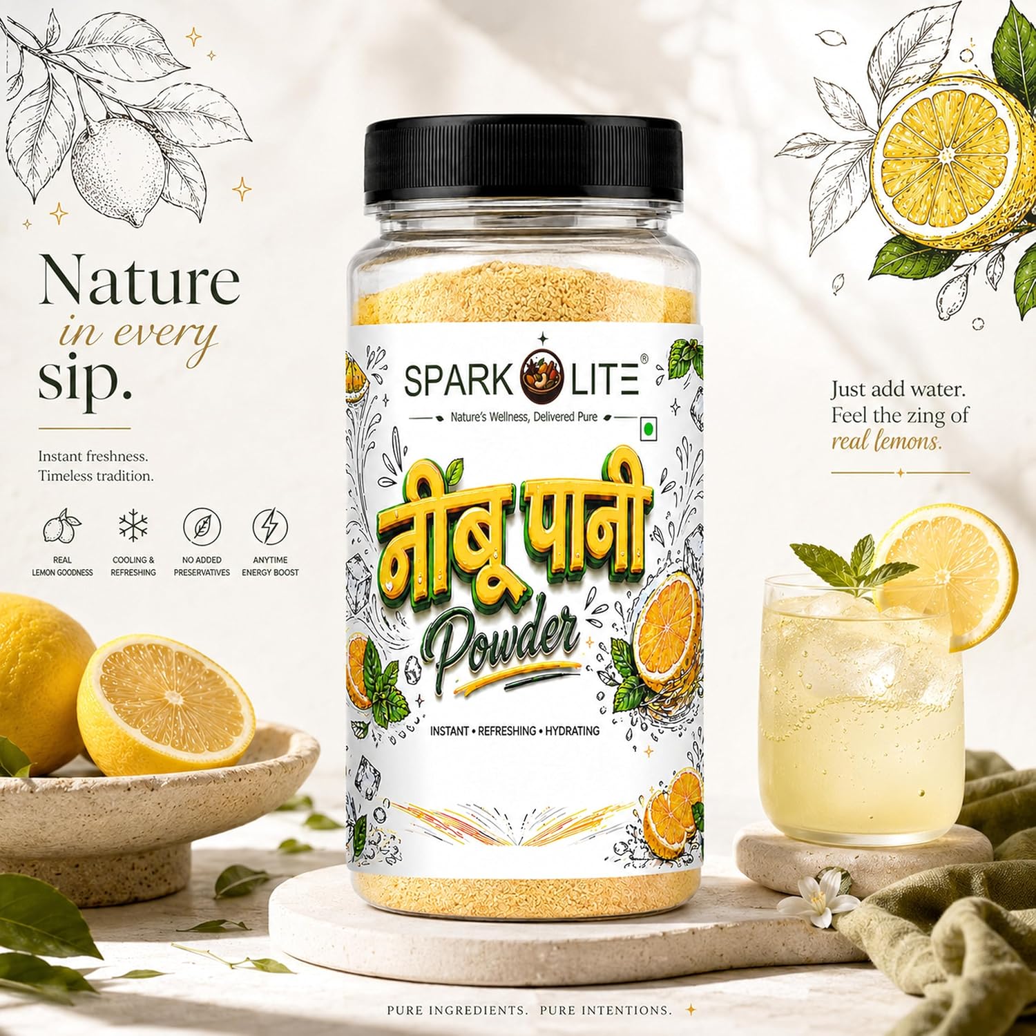 SPARKOLITE® Organic Neembu Pani Powder | Instant Lemon Drink Mix | Refreshing Nimbu Sharbat Premix | Summer Cooling Beverage | Lemonade Powder with Tangy Taste | Easy to Prepare (100 Gram)