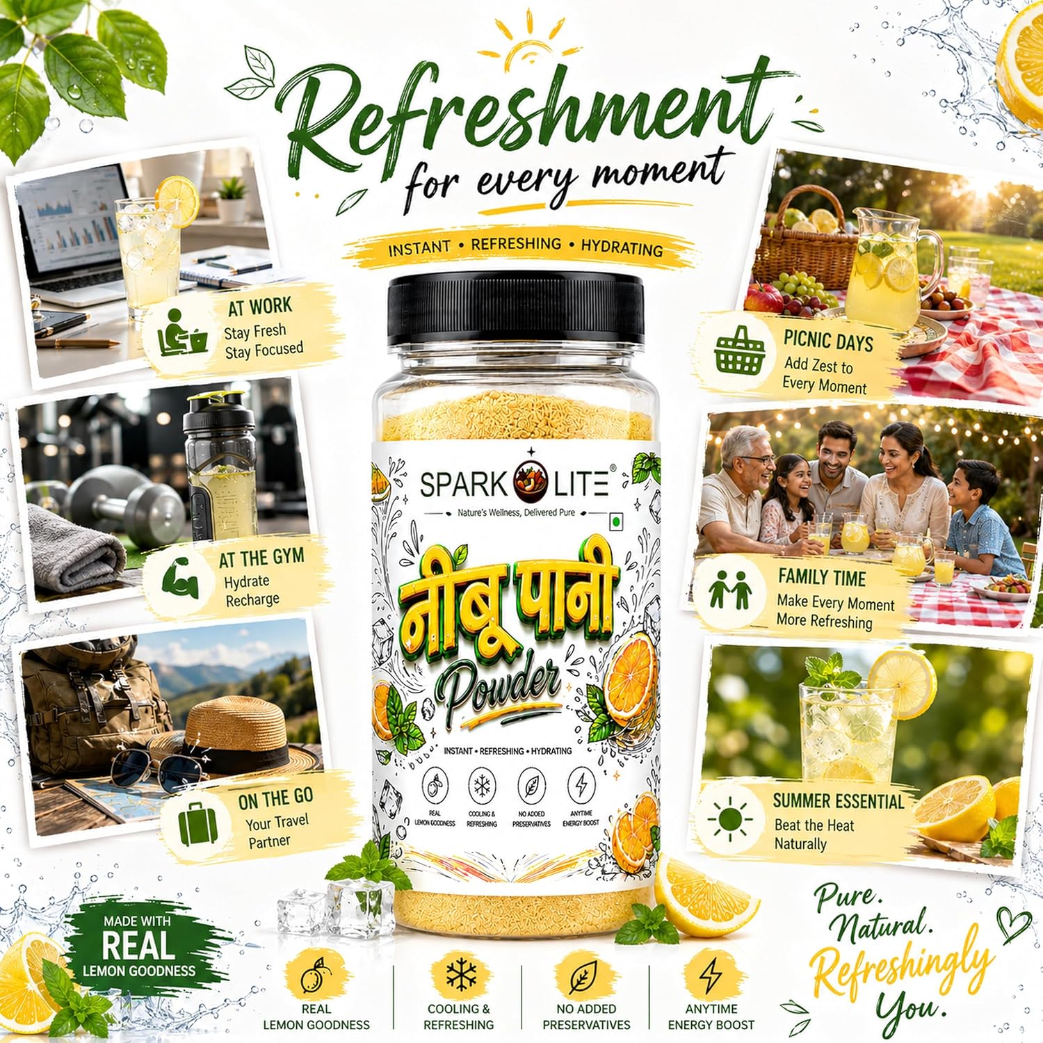 SPARKOLITE® Organic Neembu Pani Powder | Instant Lemon Drink Mix | Refreshing Nimbu Sharbat Premix | Summer Cooling Beverage | Lemonade Powder with Tangy Taste | Easy to Prepare (100 Gram)