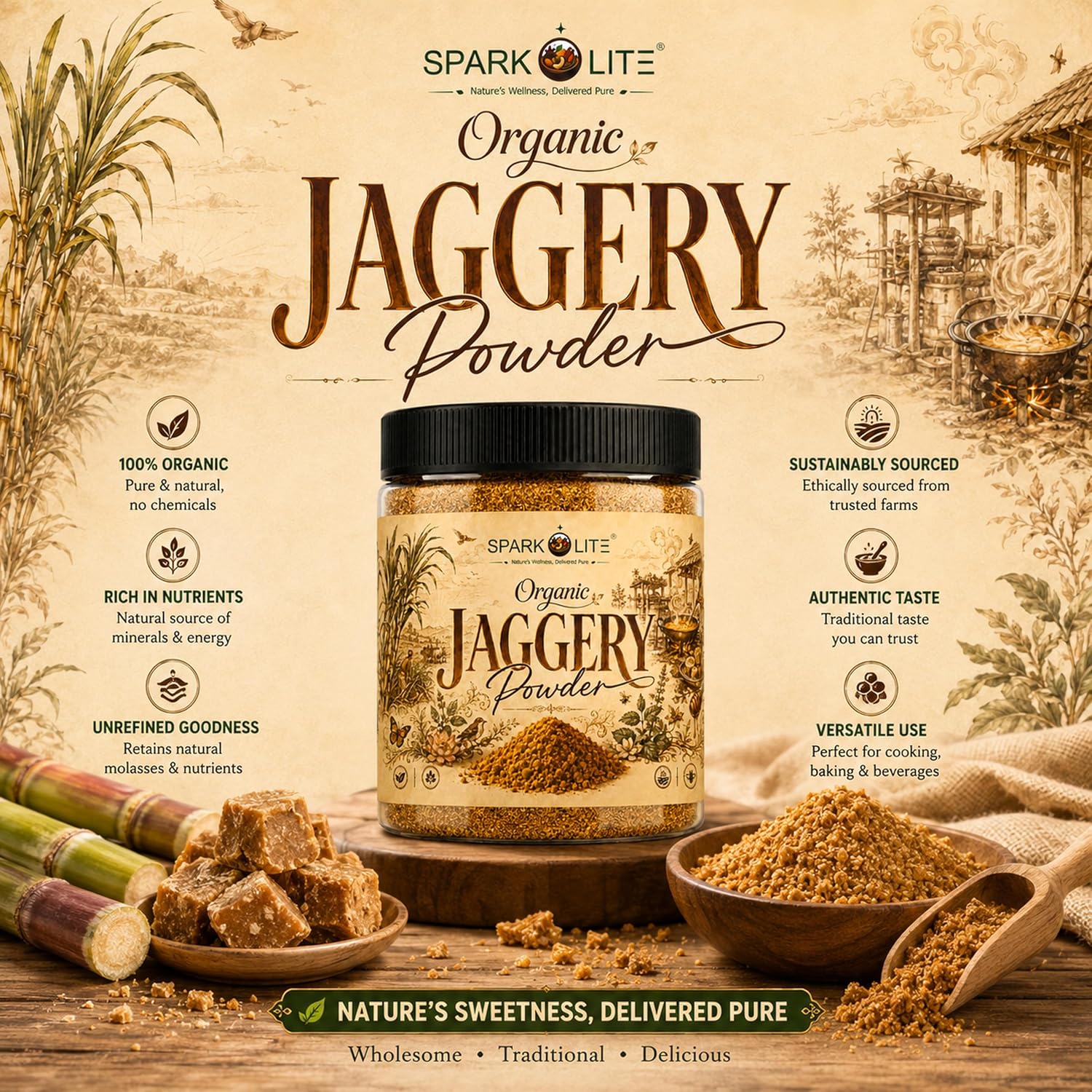 SPARKOLITE® Organic Jaggery Powder 100 Gram | Unrefined Natural Sweetener | Made from Organic Sugarcane Juice | No Chemicals, No Sulphur | Rich Caramel Taste | Alternative to Refined Sugar | For Tea, Coffee, Sweets & Daily Use