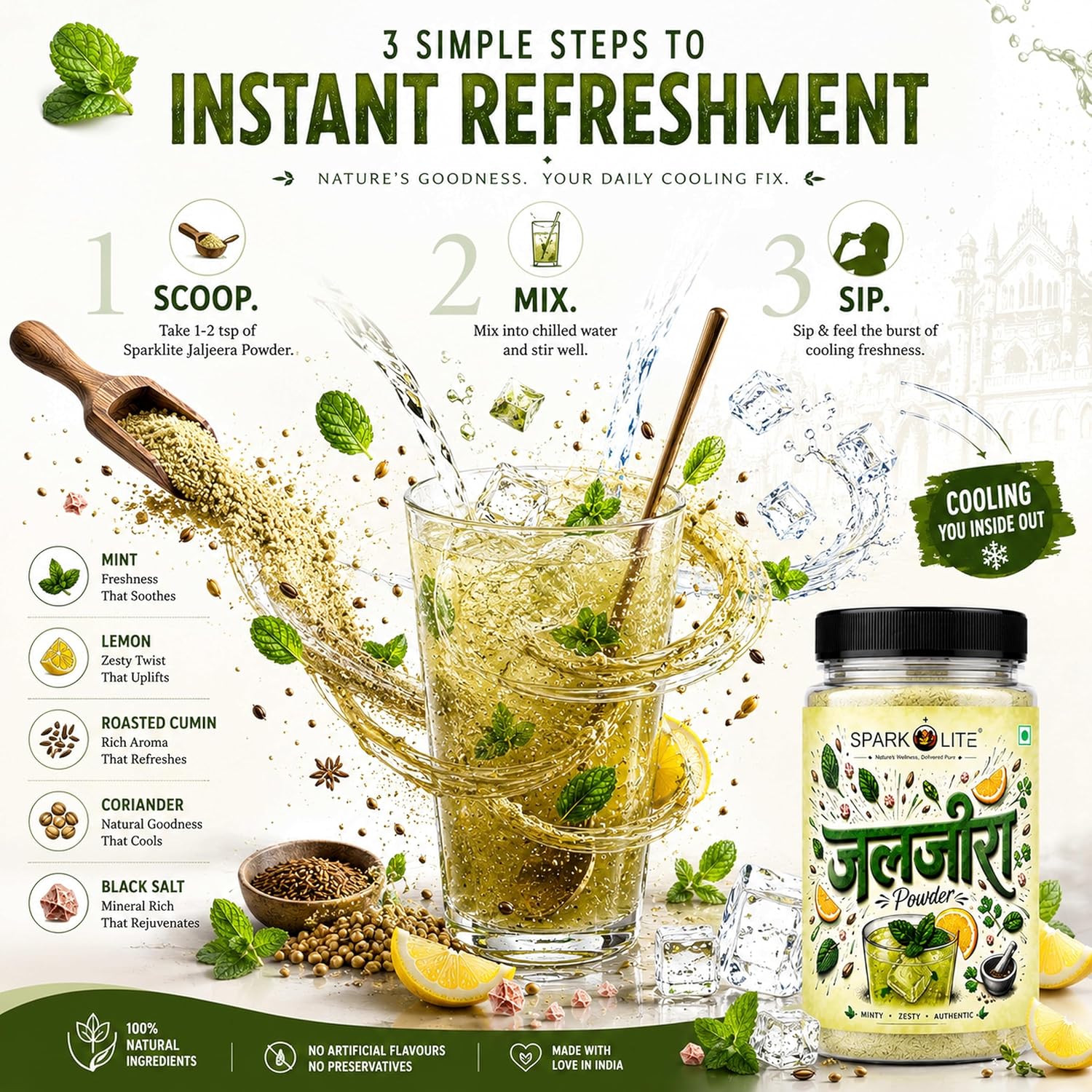 SPARKOLITE® Premium Jaljeera Powder 100g | Instant Jal Jeera Drink Mix | Traditional Indian Digestive Beverage | Mint, Roasted Cumin & Spice Blend | Tangy Summer Cooler Sharbat