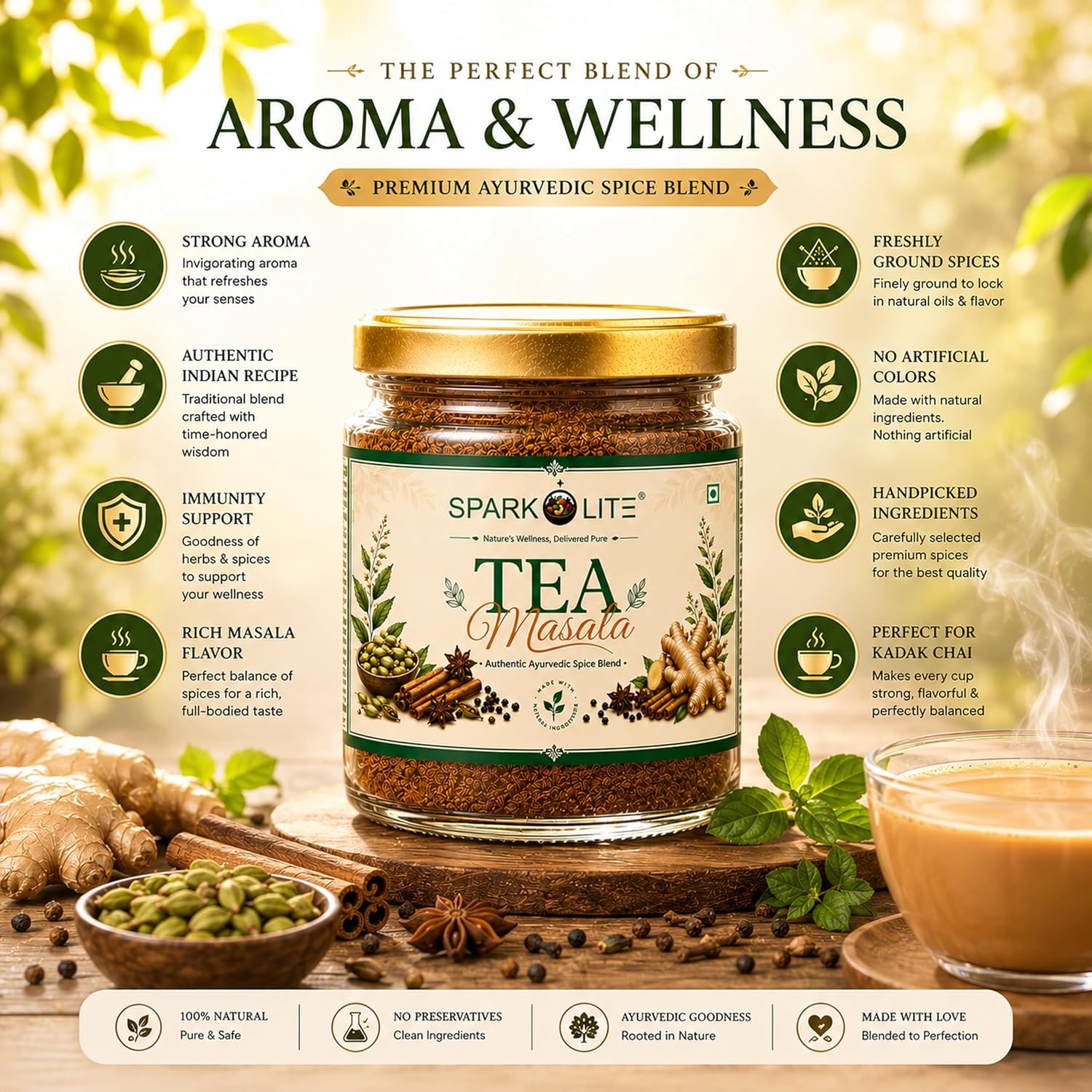 SPARKOLITE® Premium Tea Masala | Authentic Royal Chai Spice Blend with Elaichi, Ginger, Star Anise, Cinnamon & Clove | Strong Kadak Flavor & Rich Aroma | Natural Masala for Tea (50 Gms.)