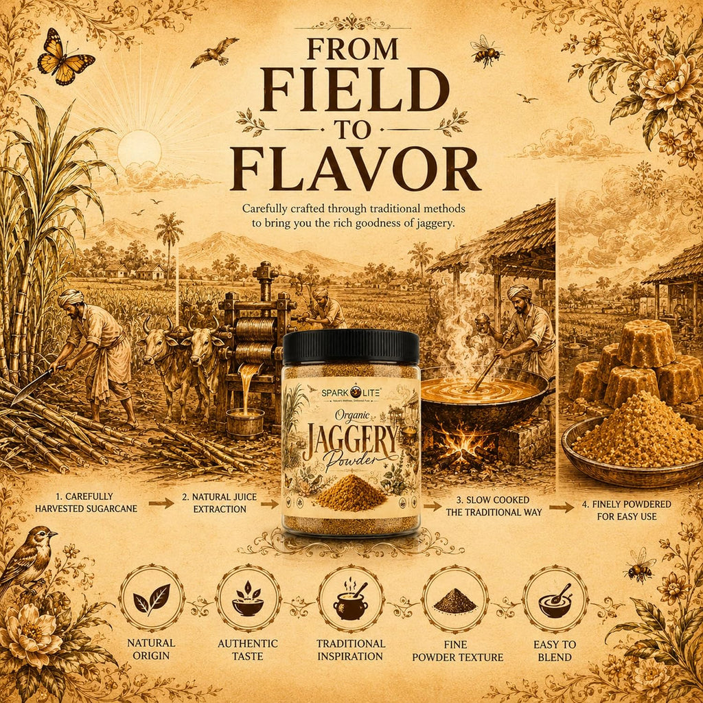 SPARKOLITE® Organic Jaggery Powder 100 Gram | Unrefined Natural Sweetener | Made from Organic Sugarcane Juice | No Chemicals, No Sulphur | Rich Caramel Taste | Alternative to Refined Sugar | For Tea, Coffee, Sweets & Daily Use