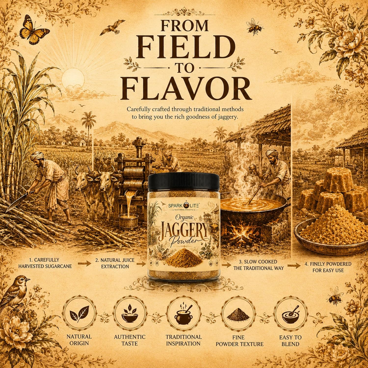 SPARKOLITE® Organic Jaggery Powder 100 Gram | Unrefined Natural Sweetener | Made from Organic Sugarcane Juice | No Chemicals, No Sulphur | Rich Caramel Taste | Alternative to Refined Sugar | For Tea, Coffee, Sweets & Daily Use