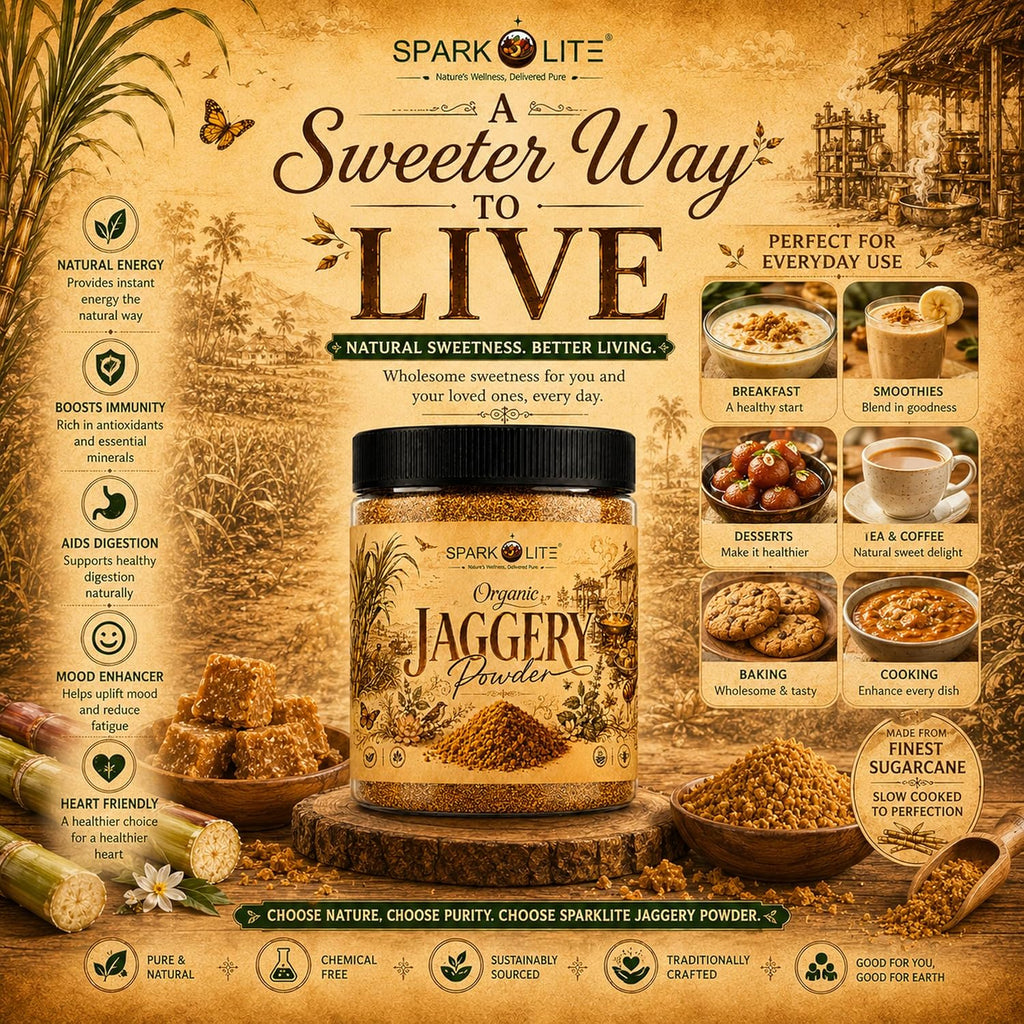 SPARKOLITE® Organic Jaggery Powder 100 Gram | Unrefined Natural Sweetener | Made from Organic Sugarcane Juice | No Chemicals, No Sulphur | Rich Caramel Taste | Alternative to Refined Sugar | For Tea, Coffee, Sweets & Daily Use